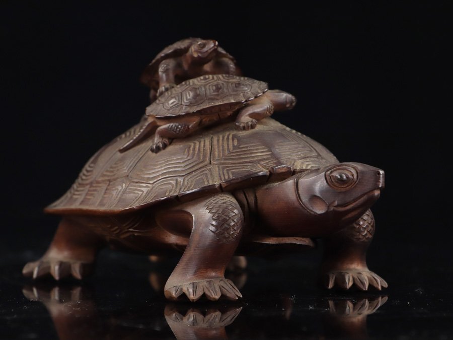 Master Japanese Wood-Carved Longevity Turtle with Rider — Mid-Century Sculptural Work — Period Storage Box Included