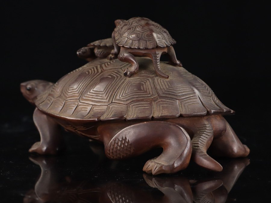 Master Japanese Wood-Carved Longevity Turtle with Rider — Mid-Century Sculptural Work — Period Storage Box Included