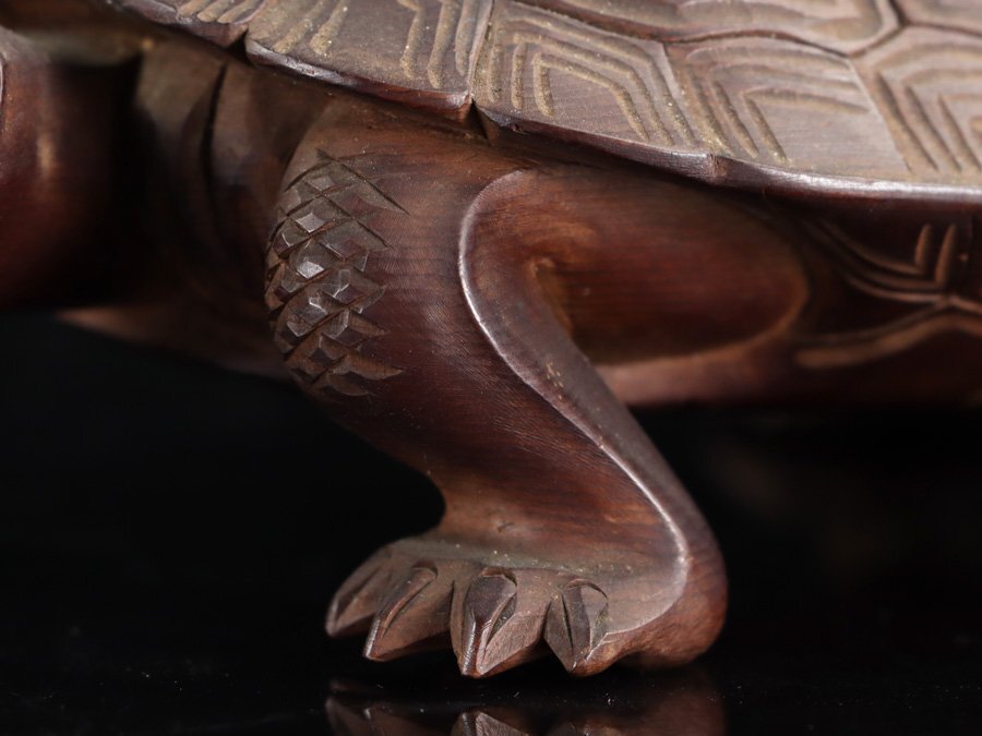 Master Japanese Wood-Carved Longevity Turtle with Rider — Mid-Century Sculptural Work — Period Storage Box Included