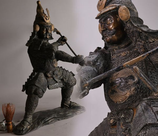 Meiji-Era Bronze Samurai Warrior Sculpture (Approx. 55 cm) | Dynamic Combat Figure | Museum-Style Japanese Bronze Statuary