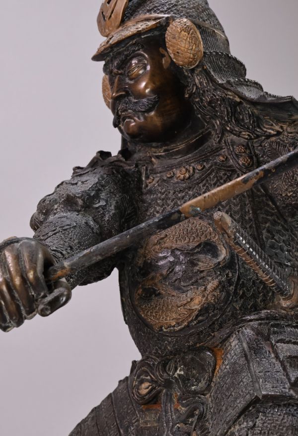 Meiji-Era Bronze Samurai Warrior Sculpture (Approx. 55 cm) | Dynamic Combat Figure | Museum-Style Japanese Bronze Statuary