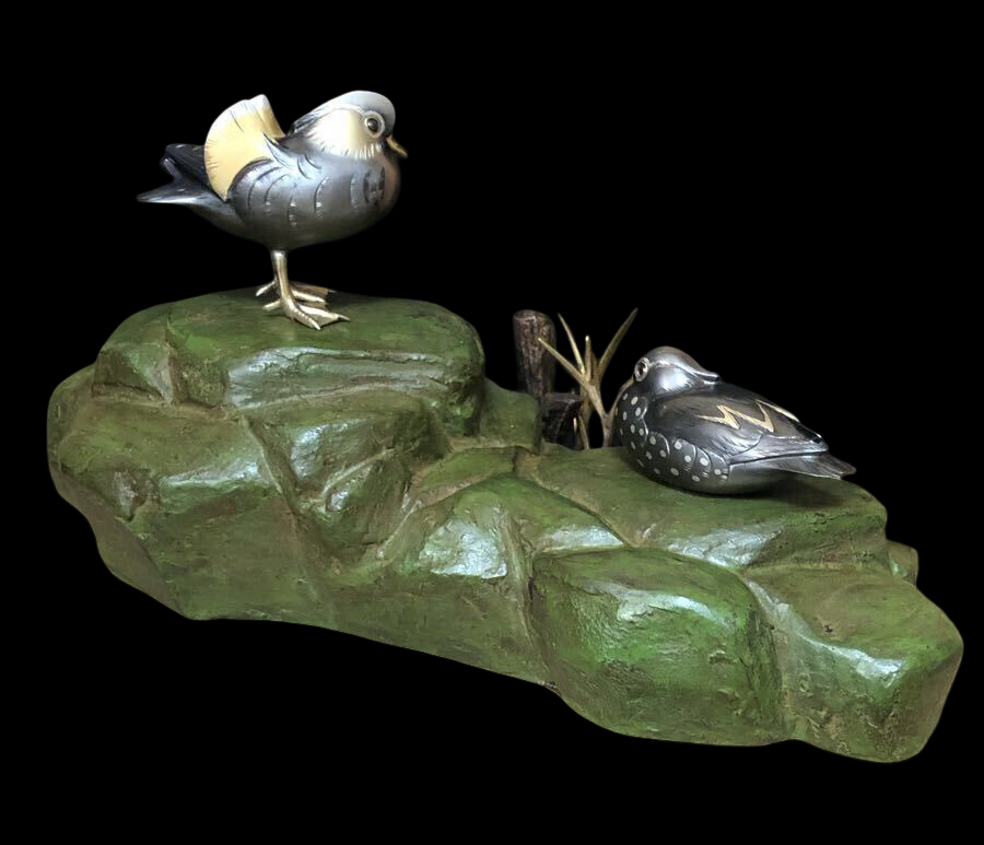 Meiji-Period Bronze Okimono — Birds on Rock Garden Scene — Signed Metalwork Sculpture with Original Storage Box