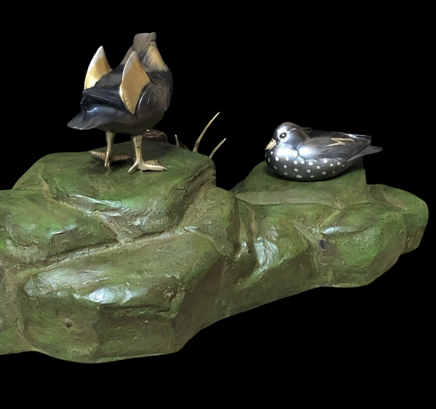 Meiji-Period Bronze Okimono — Birds on Rock Garden Scene — Signed Metalwork Sculpture with Original Storage Box