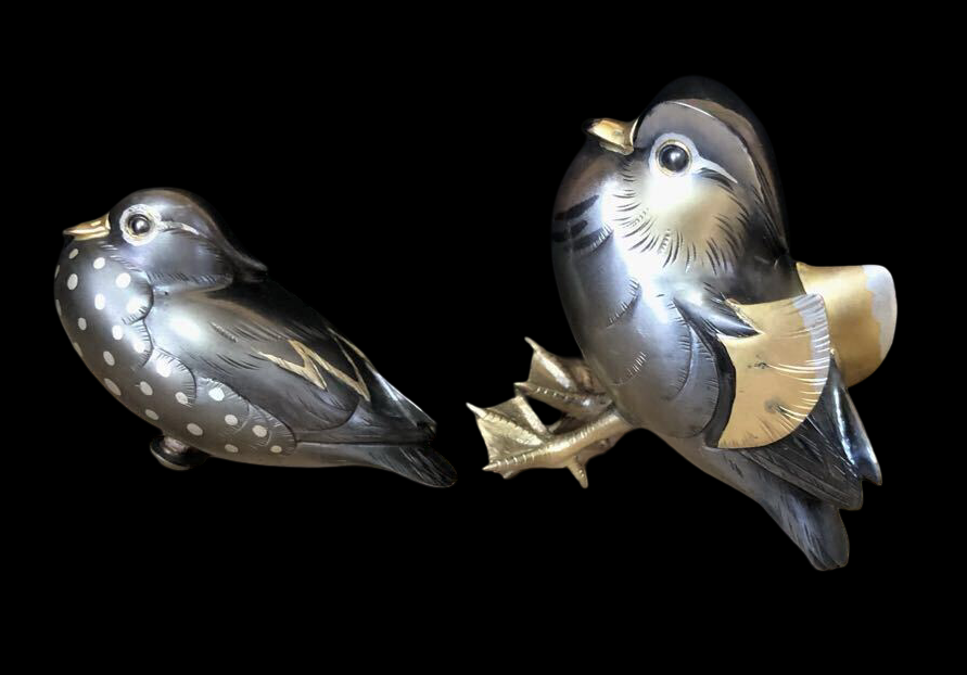 Meiji-Period Bronze Okimono — Birds on Rock Garden Scene — Signed Metalwork Sculpture with Original Storage Box