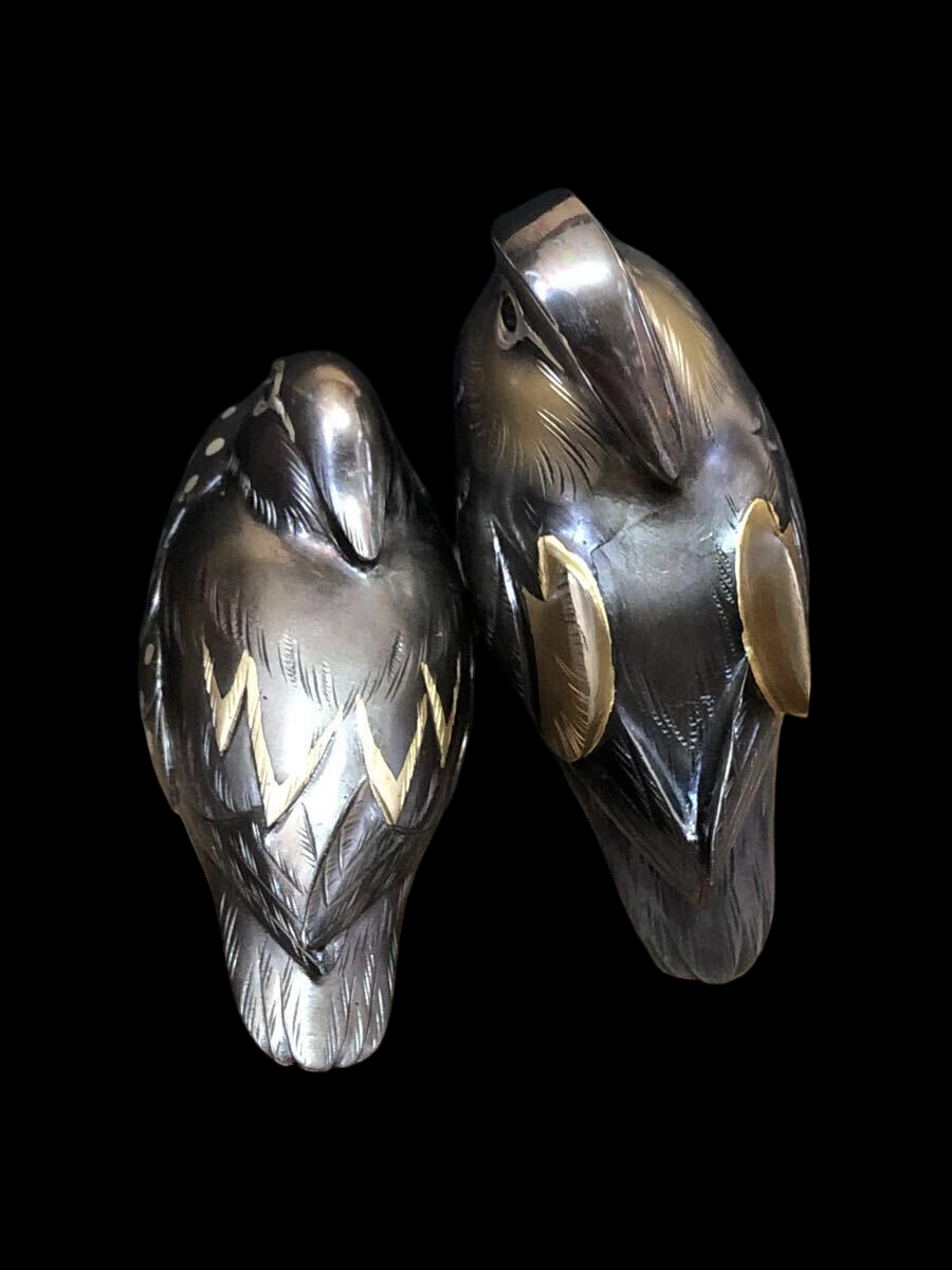 Meiji-Period Bronze Okimono — Birds on Rock Garden Scene — Signed Metalwork Sculpture with Original Storage Box