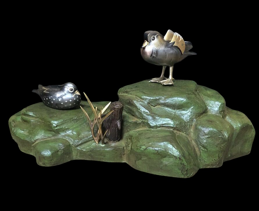 Meiji-Period Bronze Okimono — Birds on Rock Garden Scene — Signed Metalwork Sculpture with Original Storage Box