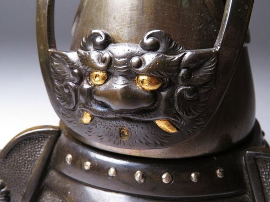 Authentic Meiji Japanese Bronze Kabuto Incense Burner Samurai Helmet Shishi Feet Antique
