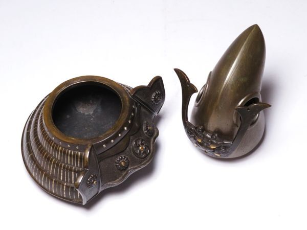 Authentic Meiji Japanese Bronze Kabuto Incense Burner Samurai Helmet Shishi Feet Antique