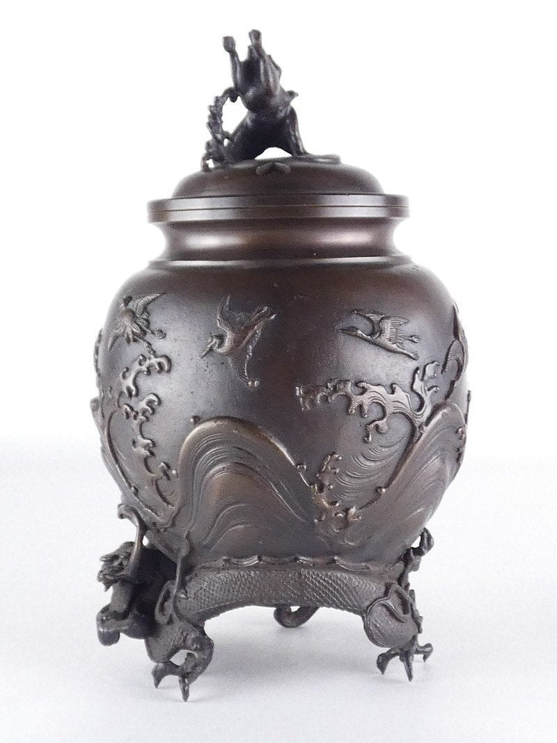 Showa Period Gohei Dorei Cast Bronze Incense Burner with Phoenix, Waves & Mythical Beast Feet — Signed, Boxed, Japanese Masterwork