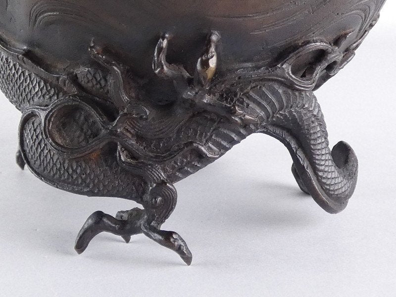 Showa Period Gohei Dorei Cast Bronze Incense Burner with Phoenix, Waves & Mythical Beast Feet — Signed, Boxed, Japanese Masterwork