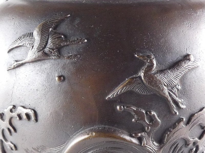 Showa Period Gohei Dorei Cast Bronze Incense Burner with Phoenix, Waves & Mythical Beast Feet — Signed, Boxed, Japanese Masterwork