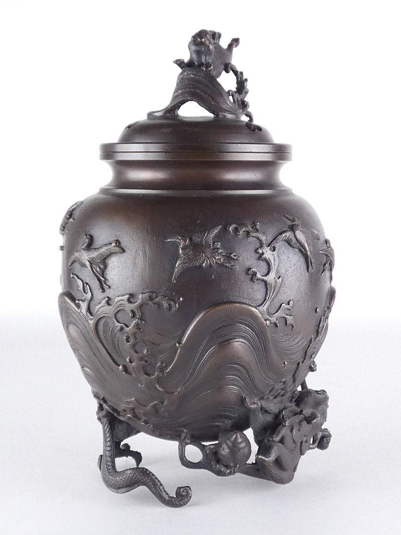 Showa Period Gohei Dorei Cast Bronze Incense Burner with Phoenix, Waves & Mythical Beast Feet — Signed, Boxed, Japanese Masterwork