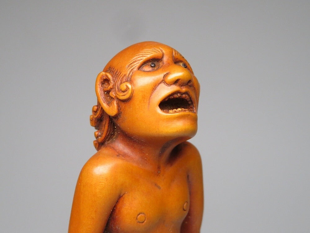 Meiji Wooden Netsuke Figure | Antique Japanese Sagemono Carving | Expressive Human Sculpture