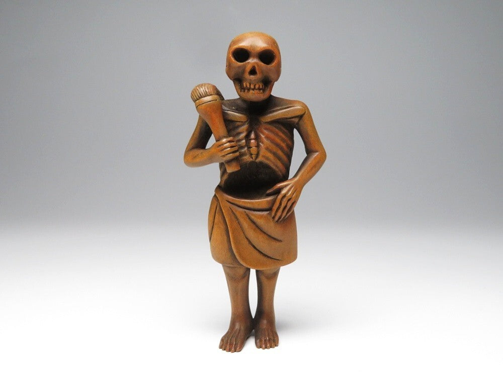 Authentic Meiji Period Japanese Carved Wooden Skeleton Figure — Memento Mori Art Object