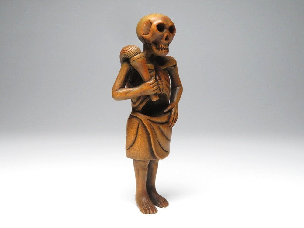 Authentic Meiji Period Japanese Carved Wooden Skeleton Figure — Memento Mori Art Object