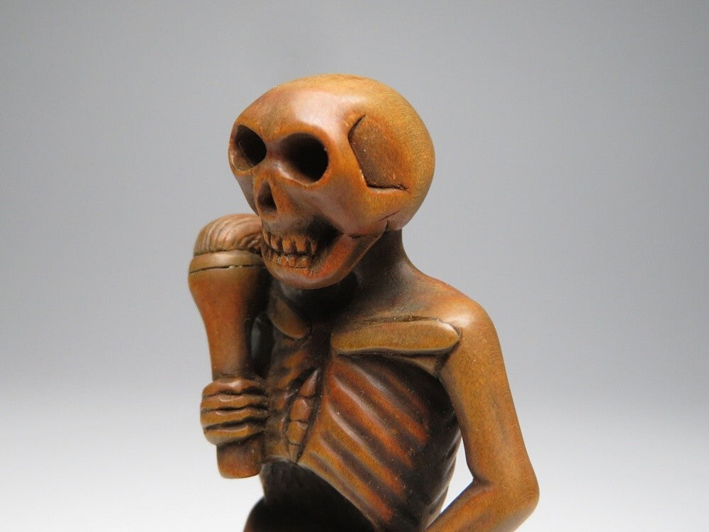 Authentic Meiji Period Japanese Carved Wooden Skeleton Figure — Memento Mori Art Object