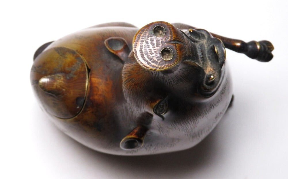 Antique Meiji Japanese Bronze Boar Incense Burner Inoshishi Sentoku Koro Sculpture