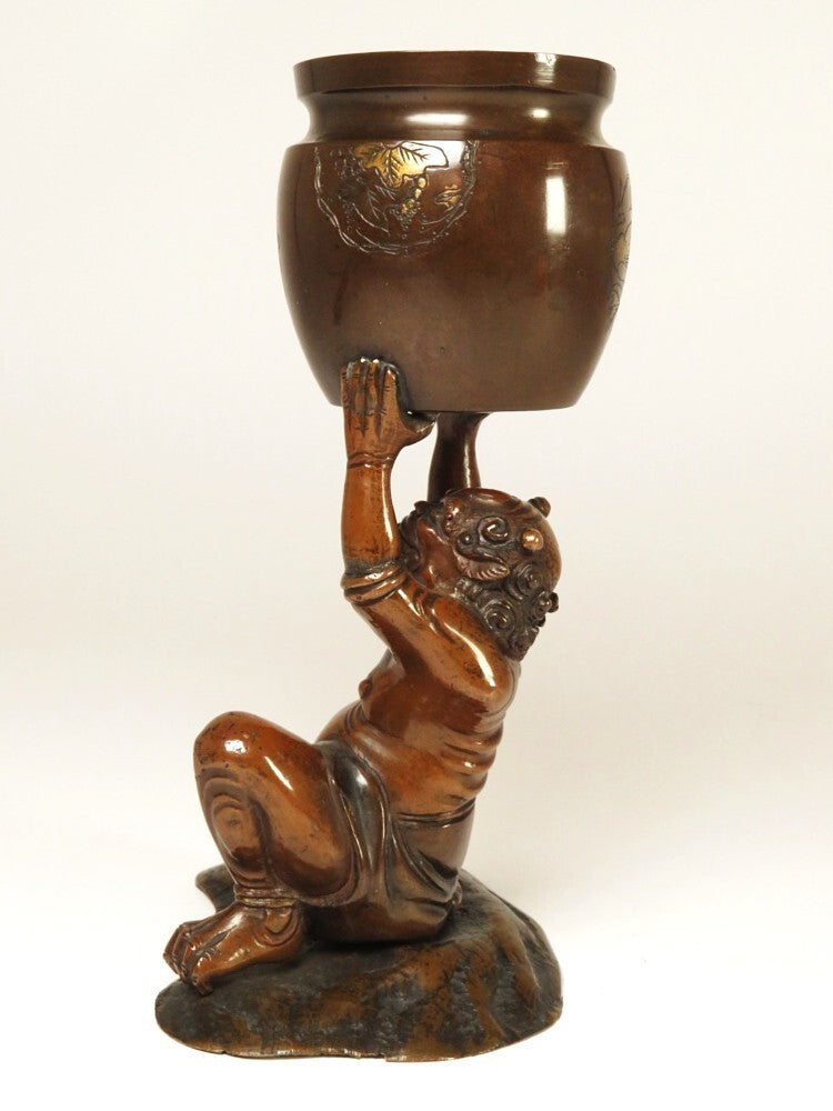 Authentic Meiji Period Japanese Metal Oni Figure Vessel — Bronze Demon Sculpture Supporting Bowl, Museum-Grade Metal Art Object