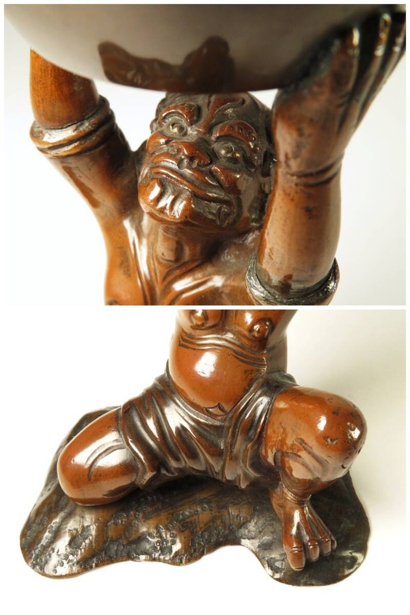Authentic Meiji Period Japanese Metal Oni Figure Vessel — Bronze Demon Sculpture Supporting Bowl, Museum-Grade Metal Art Object