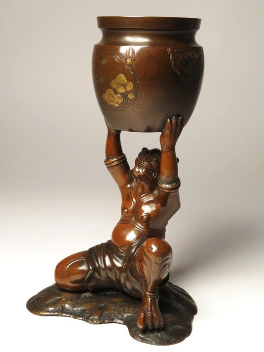 Authentic Meiji Period Japanese Metal Oni Figure Vessel — Bronze Demon Sculpture Supporting Bowl, Museum-Grade Metal Art Object