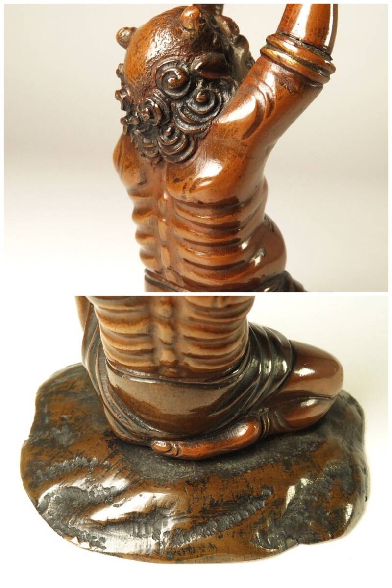 Authentic Meiji Period Japanese Metal Oni Figure Vessel — Bronze Demon Sculpture Supporting Bowl, Museum-Grade Metal Art Object