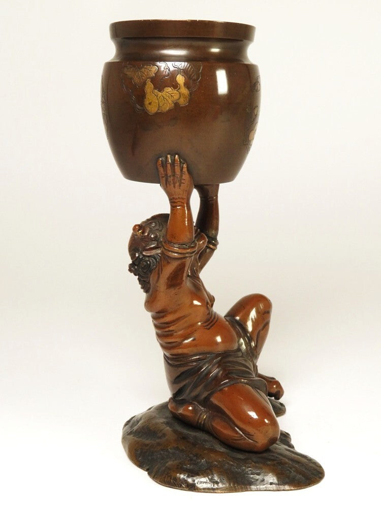 Authentic Meiji Period Japanese Metal Oni Figure Vessel — Bronze Demon Sculpture Supporting Bowl, Museum-Grade Metal Art Object