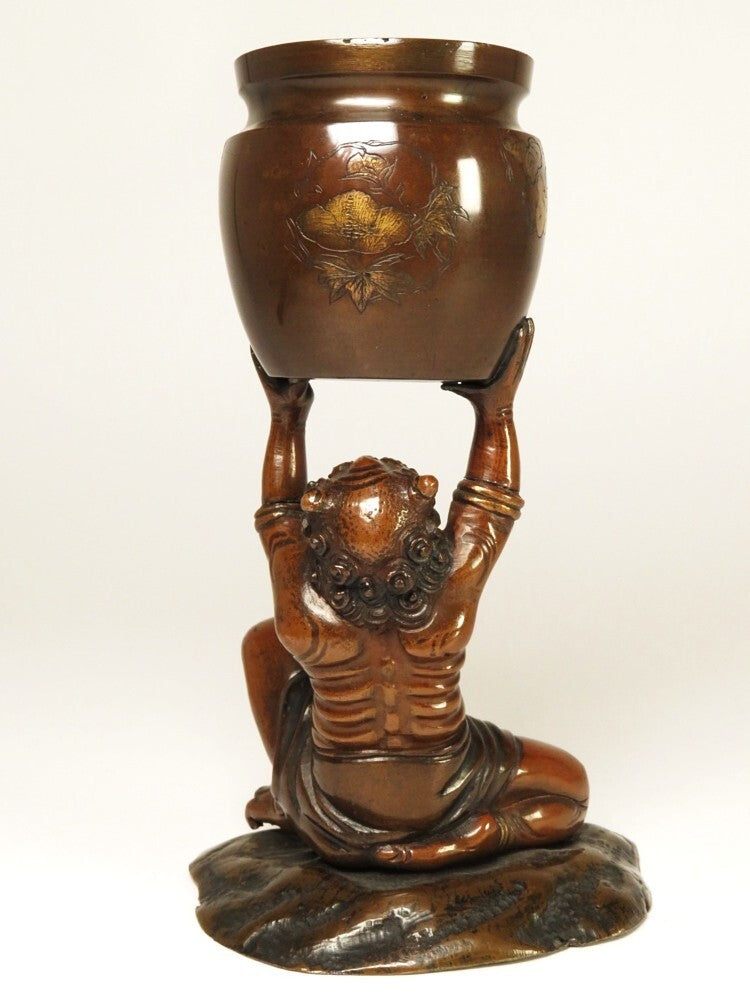 Authentic Meiji Period Japanese Metal Oni Figure Vessel — Bronze Demon Sculpture Supporting Bowl, Museum-Grade Metal Art Object