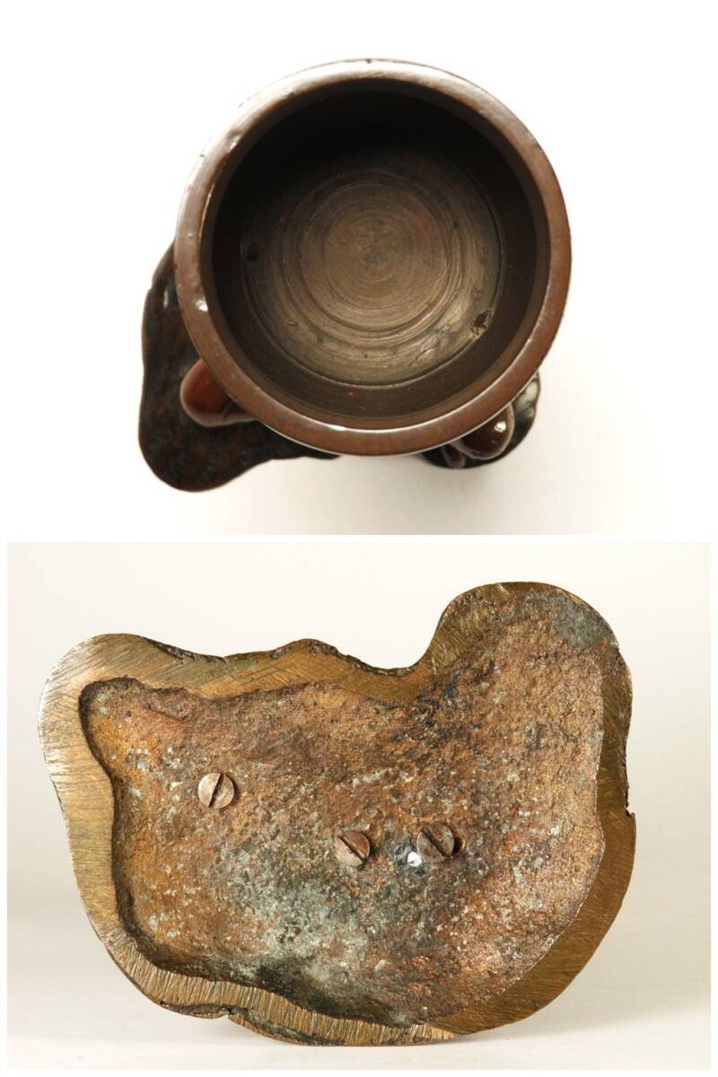 Authentic Meiji Period Japanese Metal Oni Figure Vessel — Bronze Demon Sculpture Supporting Bowl, Museum-Grade Metal Art Object