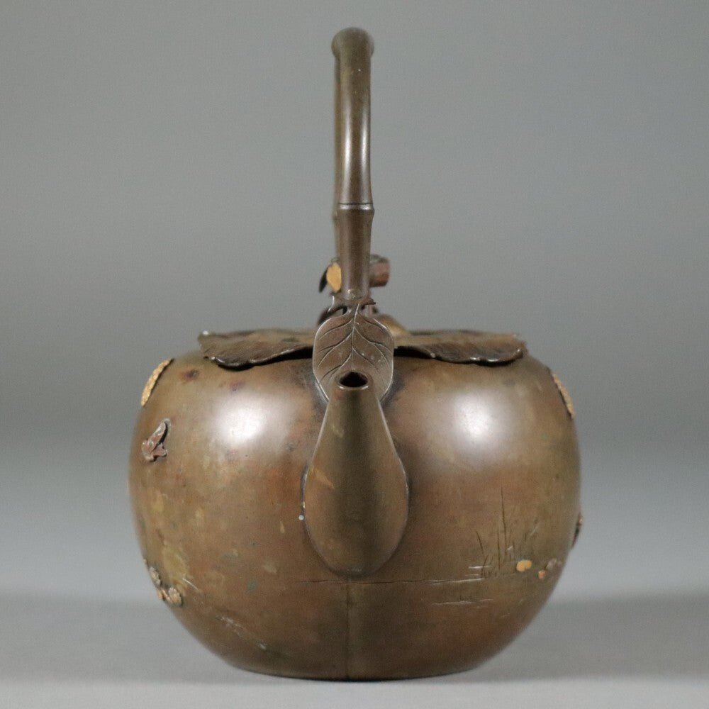 Meiji Period Mixed‑Metal Tea Kettle with Gold & Silver Bird Relief — Japanese Kōgei Masterwork