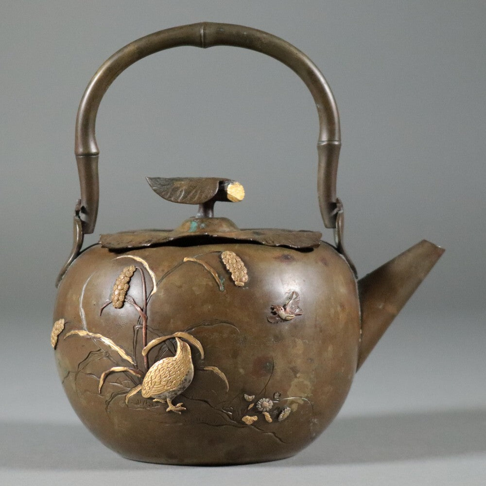 Meiji Period Mixed‑Metal Tea Kettle with Gold & Silver Bird Relief — Japanese Kōgei Masterwork