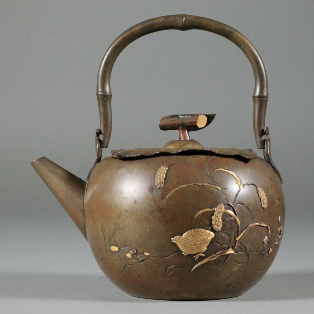 Meiji Period Mixed‑Metal Tea Kettle with Gold & Silver Bird Relief — Japanese Kōgei Masterwork