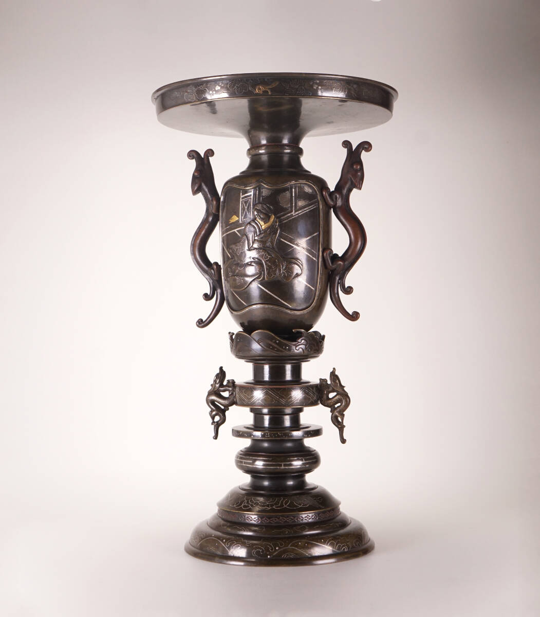 Antique Japanese Bronze Vase Meiji–Taisho Period Inlaid Scholar Bird Monumental Metal Art