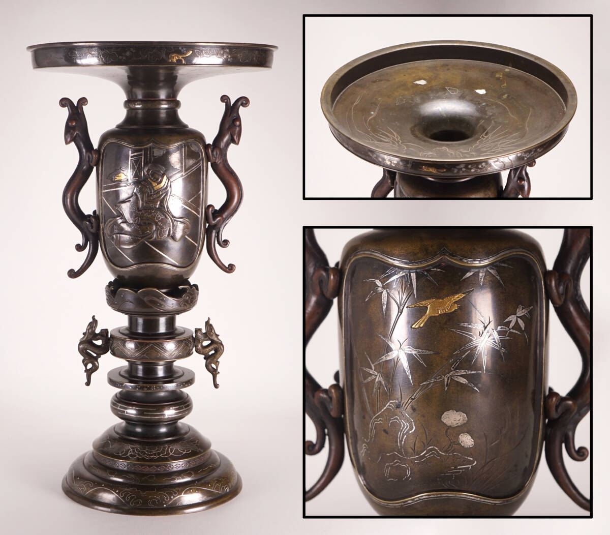 Antique Japanese Bronze Vase Meiji–Taisho Period Inlaid Scholar Bird Monumental Metal Art
