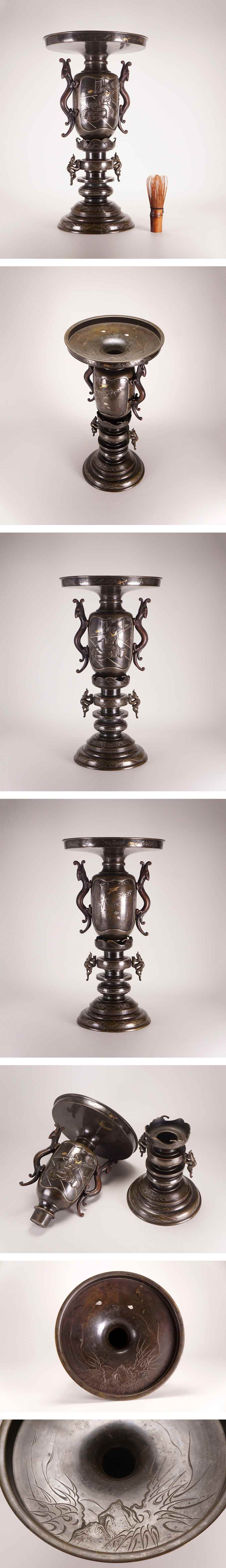 Antique Japanese Bronze Vase Meiji–Taisho Period Inlaid Scholar Bird Monumental Metal Art