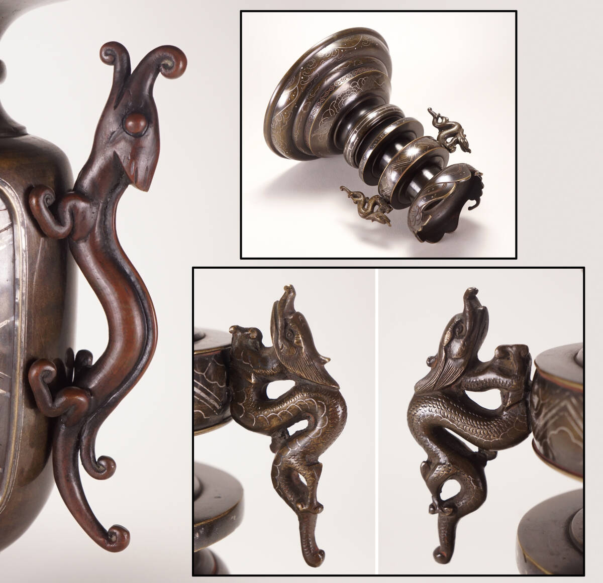 Antique Japanese Bronze Vase Meiji–Taisho Period Inlaid Scholar Bird Monumental Metal Art