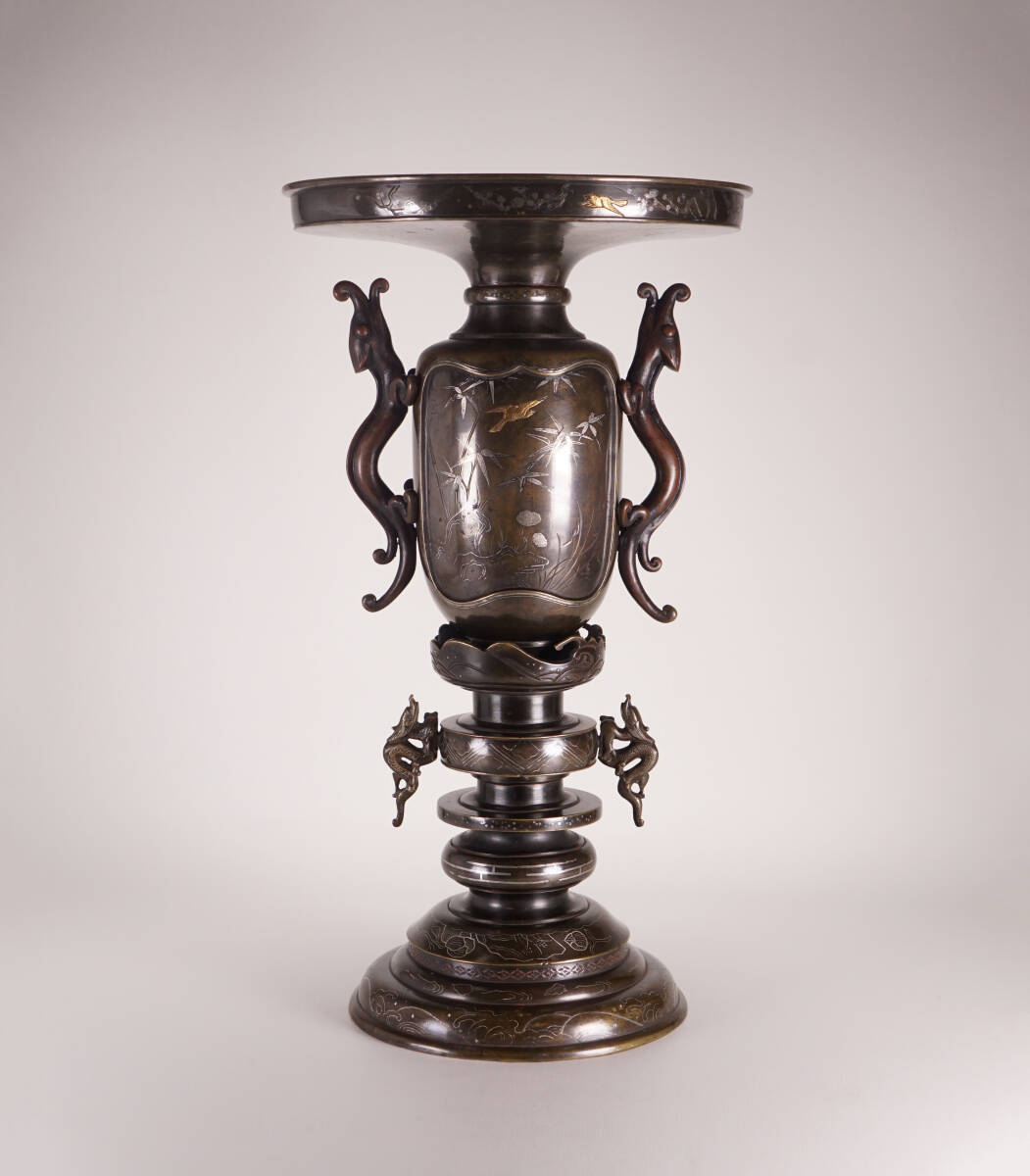 Antique Japanese Bronze Vase Meiji–Taisho Period Inlaid Scholar Bird Monumental Metal Art