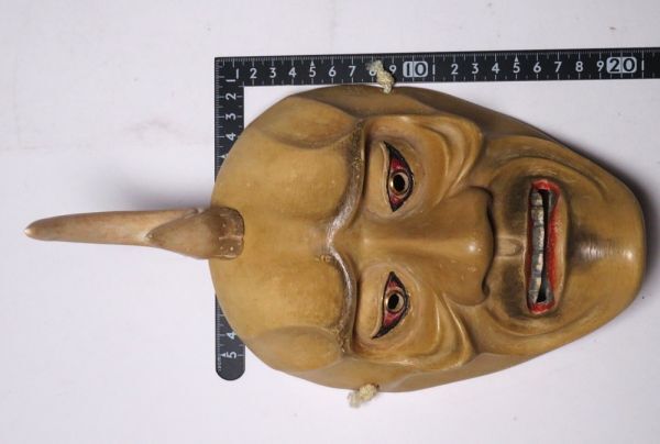 Meiji–Era Noh Mask “Ikaku Sen’nin” (One-Horn Immortal) · Hand-Carved Wooden Nōmen · Classical Japanese Theatre Artifact · With Mask Bag