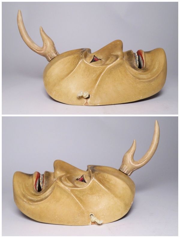 Meiji–Era Noh Mask “Ikaku Sen’nin” (One-Horn Immortal) · Hand-Carved Wooden Nōmen · Classical Japanese Theatre Artifact · With Mask Bag