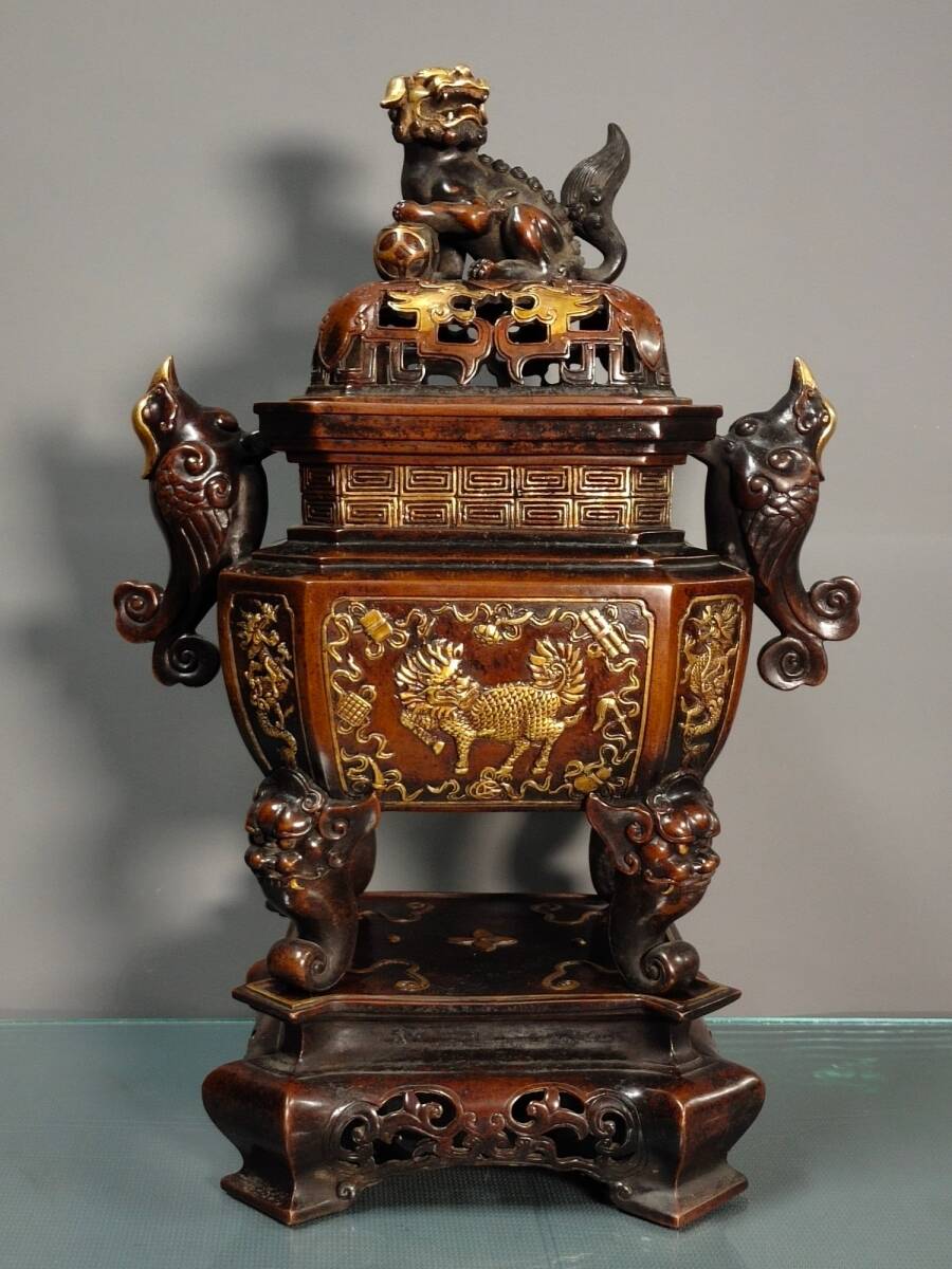 Ming Dynasty Style Chinese Gilt Bronze Buddhist Incense Burner (Xianglu), Monumental Temple Altar Censer (Antique, 100+ Years)