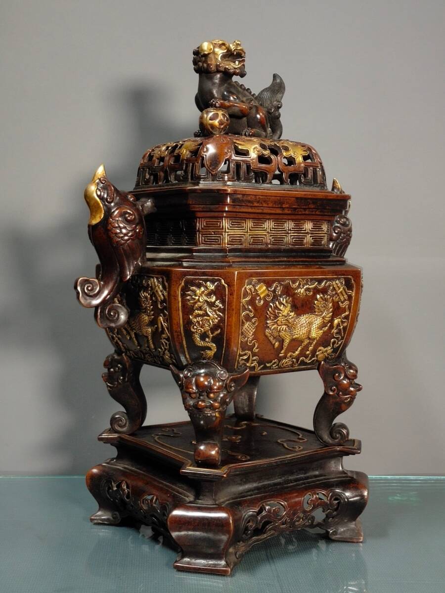 Ming Dynasty Style Chinese Gilt Bronze Buddhist Incense Burner (Xianglu), Monumental Temple Altar Censer (Antique, 100+ Years)