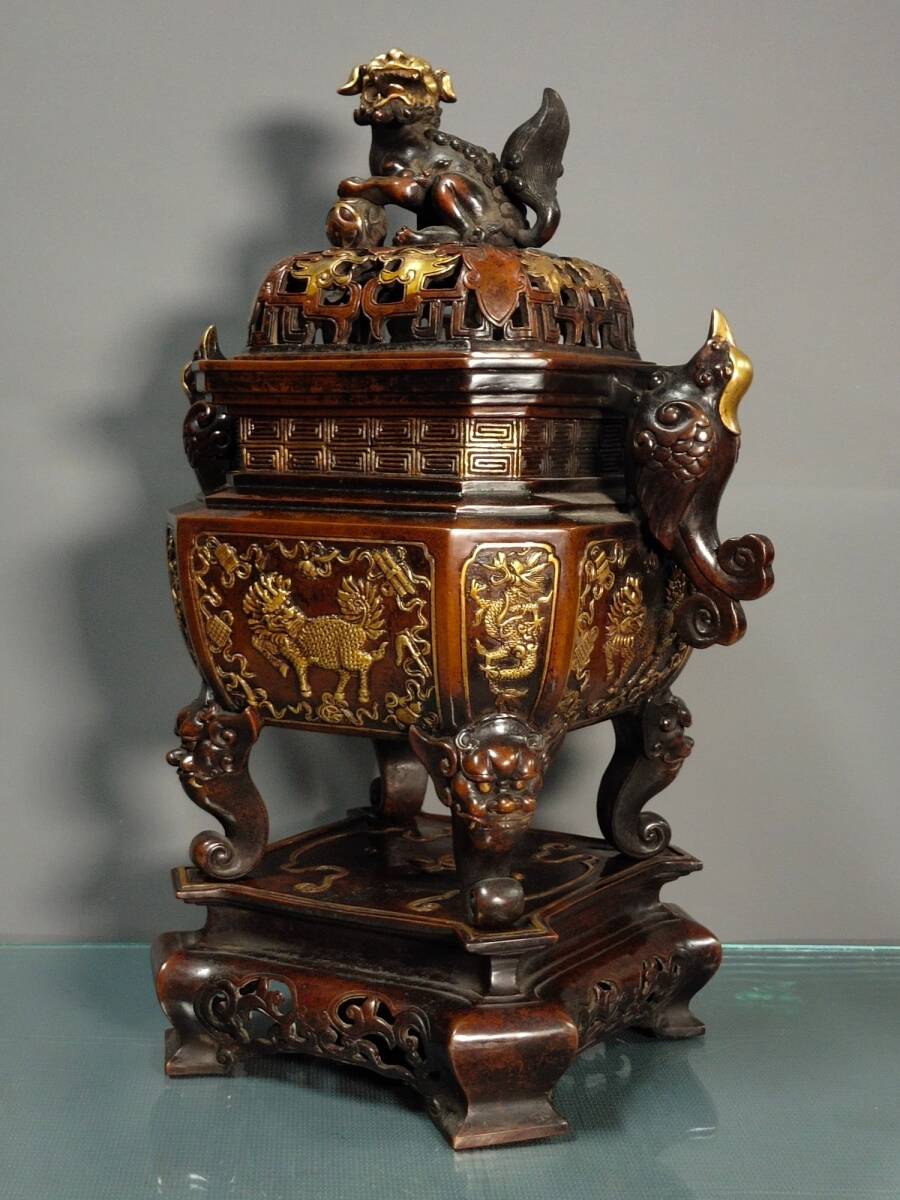 Ming Dynasty Style Chinese Gilt Bronze Buddhist Incense Burner (Xianglu), Monumental Temple Altar Censer (Antique, 100+ Years)