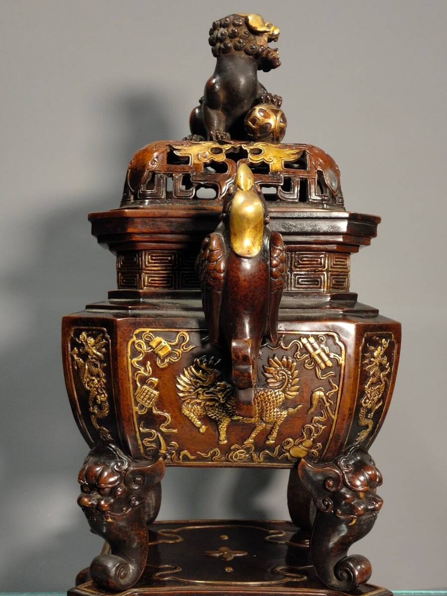 Ming Dynasty Style Chinese Gilt Bronze Buddhist Incense Burner (Xianglu), Monumental Temple Altar Censer (Antique, 100+ Years)