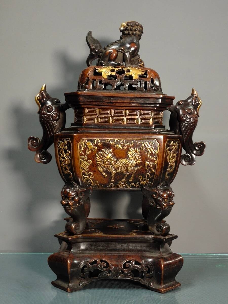 Ming Dynasty Style Chinese Gilt Bronze Buddhist Incense Burner (Xianglu), Monumental Temple Altar Censer (Antique, 100+ Years)