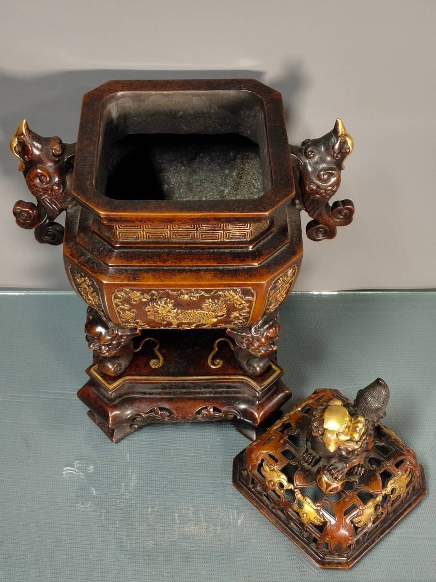 Ming Dynasty Style Chinese Gilt Bronze Buddhist Incense Burner (Xianglu), Monumental Temple Altar Censer (Antique, 100+ Years)