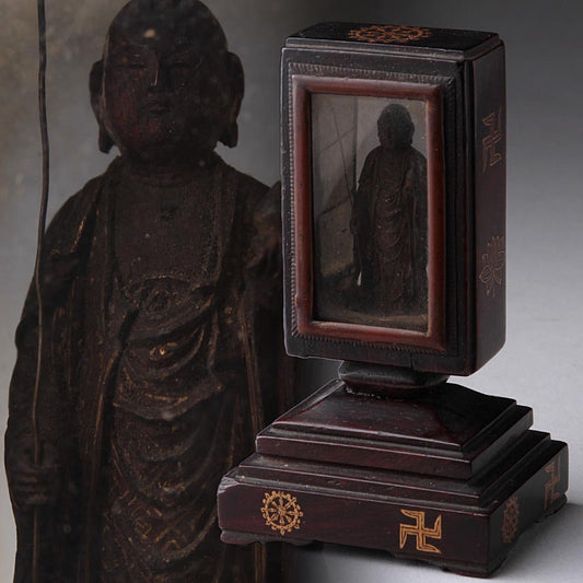 Miniature Jizō Bosatsu Zushi Shrine, Gilt Wood & Lacquer, Kamakura–Muromachi Revival Style, 7.4 cm — Protective Guardian of Souls