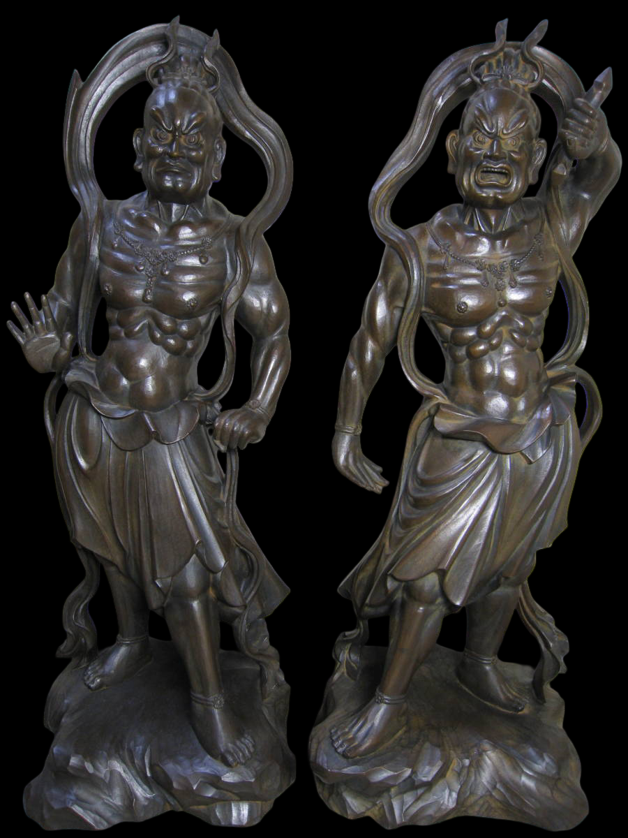 Takamura Koun — Agyo & Ungyo (Nio Guardians), bronze; publisher-certified edition, Showa-era release; highly detailed pair, approx. 56–56.5 cm