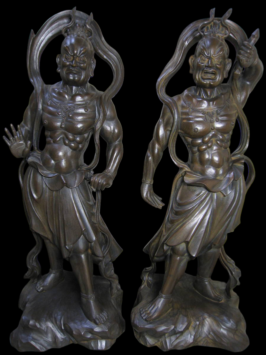 Takamura Koun — Agyo & Ungyo (Nio Guardians), bronze; publisher-certified edition, Showa-era release; highly detailed pair, approx. 56–56.5 cm