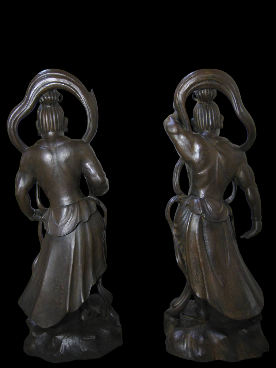 Takamura Koun — Agyo & Ungyo (Nio Guardians), bronze; publisher-certified edition, Showa-era release; highly detailed pair, approx. 56–56.5 cm