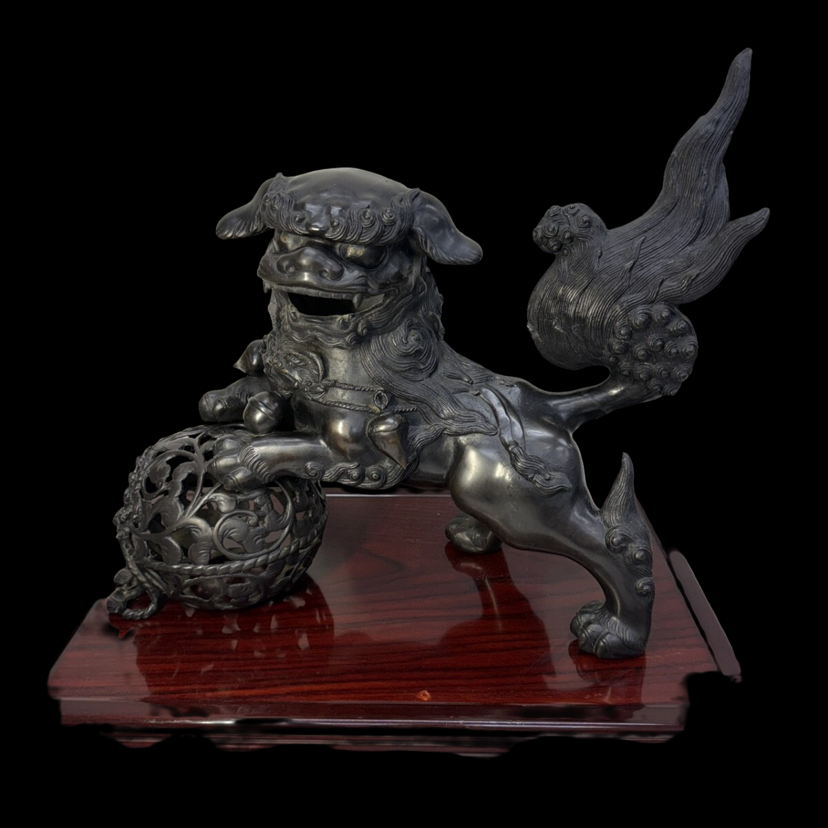 Monumental Bronze Shishi Guardian with Openwork Jewel Ball — Heian-Style Display Sculpture on Carved Stand, approx. 55 cm