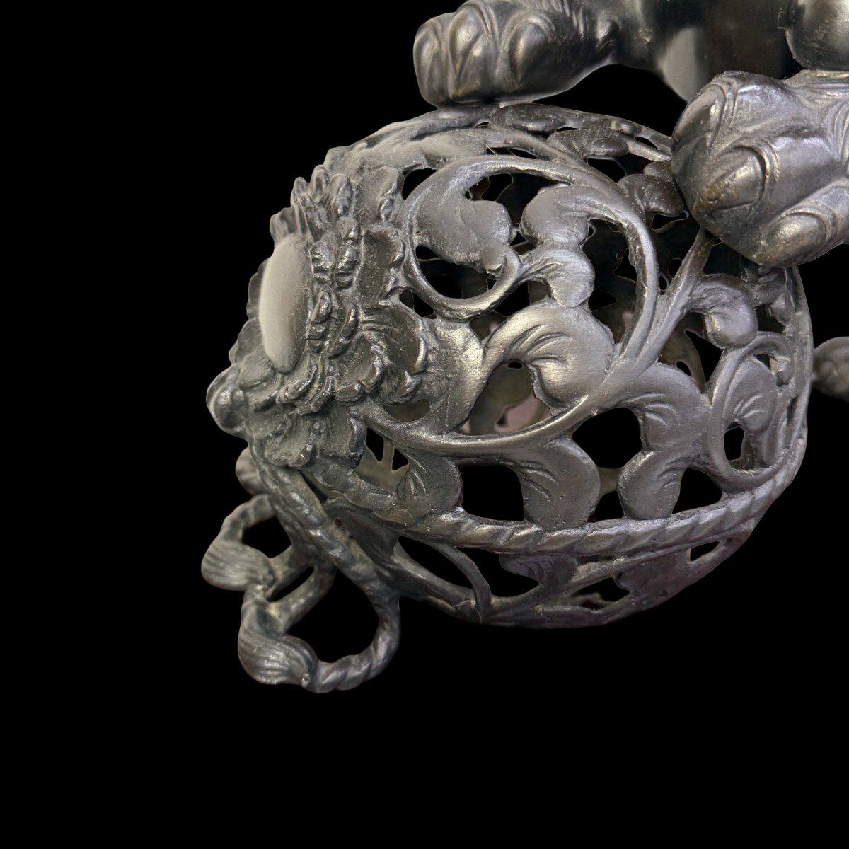 Monumental Bronze Shishi Guardian with Openwork Jewel Ball — Heian-Style Display Sculpture on Carved Stand, approx. 55 cm